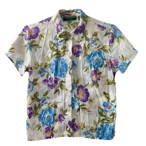 Lemon Grass White Aloha Shirt, Blue Purple Flowers, Cotton Button Up Small